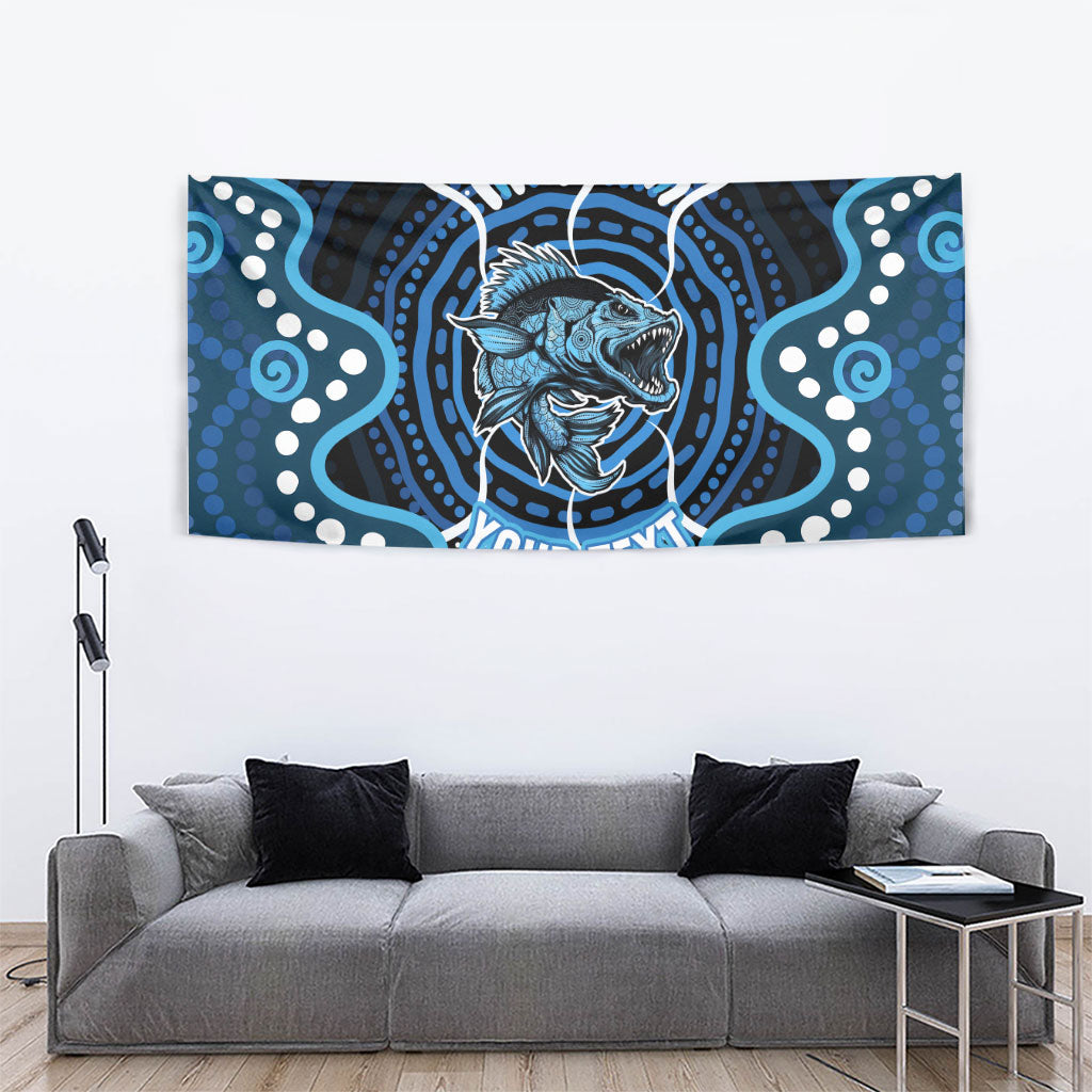 Custom Barramundi Fishing Tapestry Indigenous Aboriginal Dot Art Blue Fish