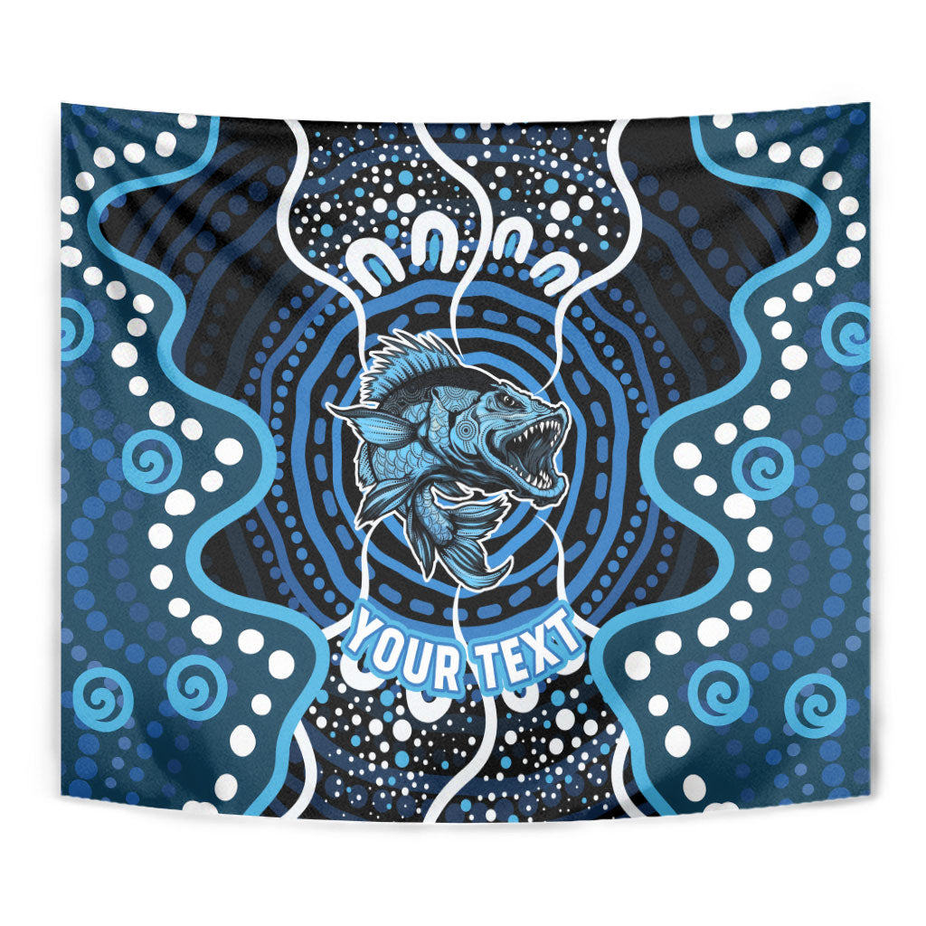 Custom Barramundi Fishing Tapestry Indigenous Aboriginal Dot Art Blue Fish