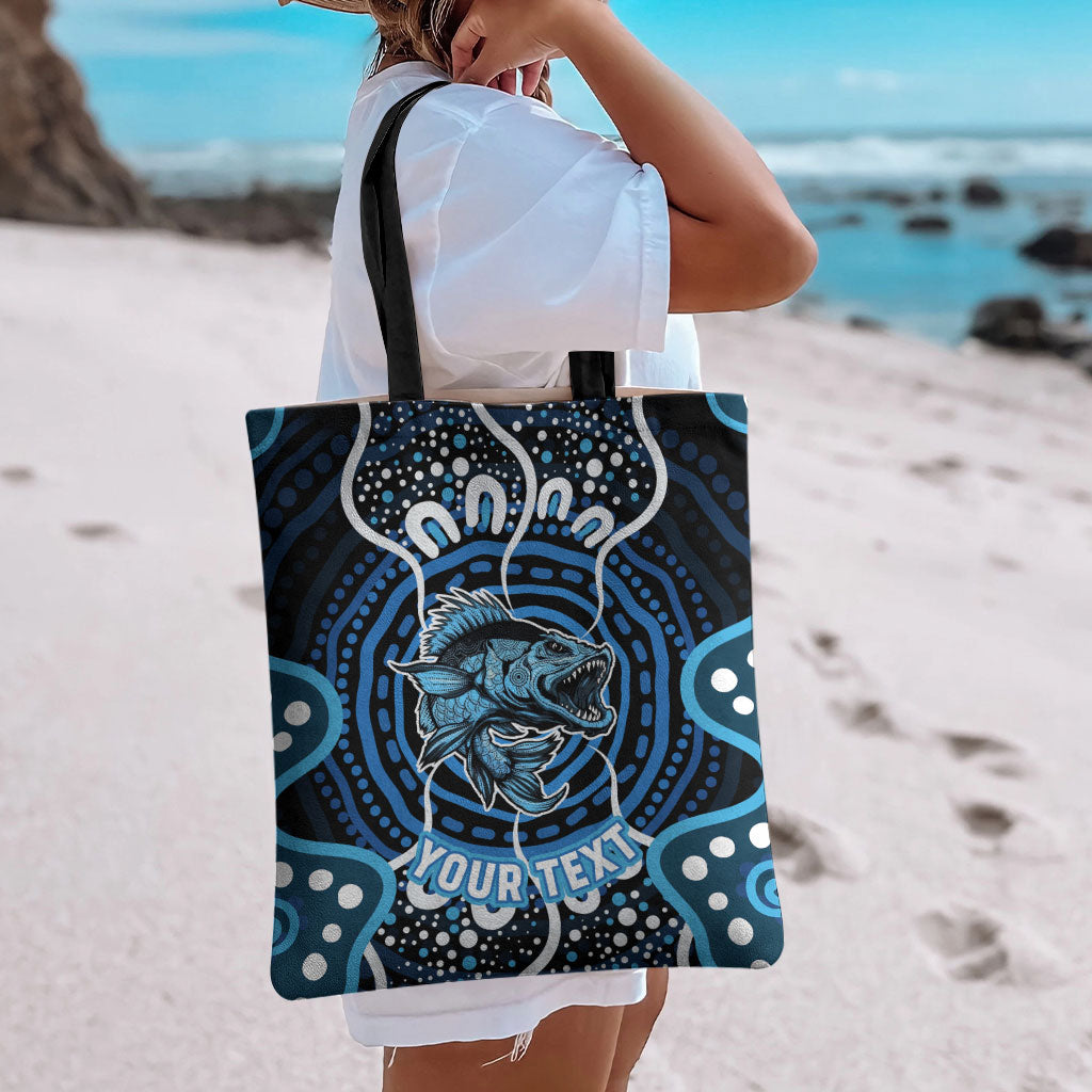 Custom Barramundi Fishing Tote Bag Indigenous Aboriginal Dot Art Blue Fish