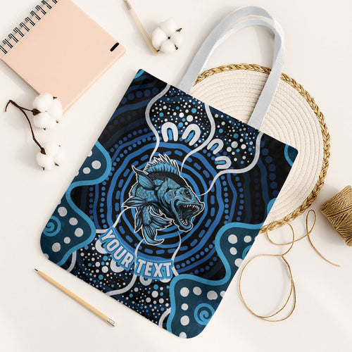 Custom Barramundi Fishing Tote Bag Indigenous Aboriginal Dot Art Blue Fish