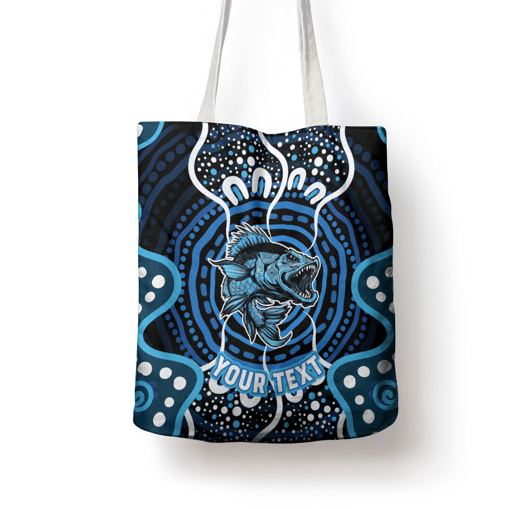 Custom Barramundi Fishing Tote Bag Indigenous Aboriginal Dot Art Blue Fish
