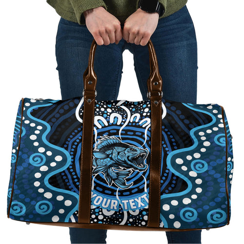 Custom Barramundi Fishing Travel Bag Indigenous Aboriginal Dot Art Blue Fish