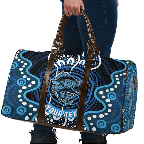 Custom Barramundi Fishing Travel Bag Indigenous Aboriginal Dot Art Blue Fish
