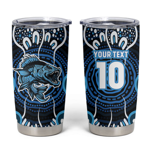 Custom Barramundi Fishing Tumbler Cup Indigenous Aboriginal Dot Art Blue Fish