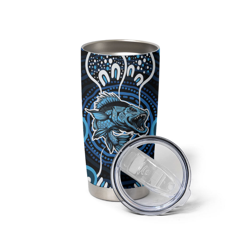 Custom Barramundi Fishing Tumbler Cup Indigenous Aboriginal Dot Art Blue Fish