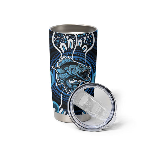 Custom Barramundi Fishing Tumbler Cup Indigenous Aboriginal Dot Art Blue Fish