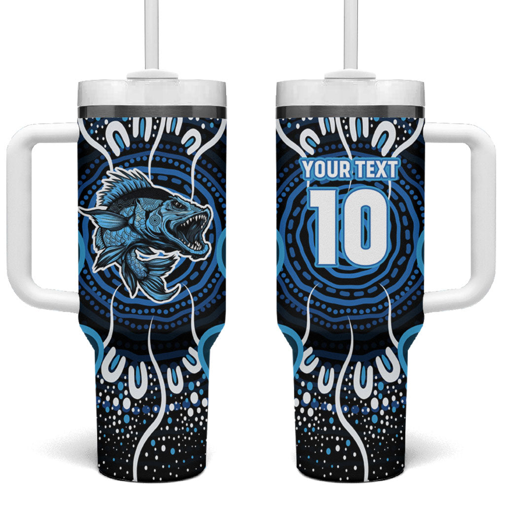 Custom Barramundi Fishing Tumbler With Handle Indigenous Aboriginal Dot Art Blue Fish