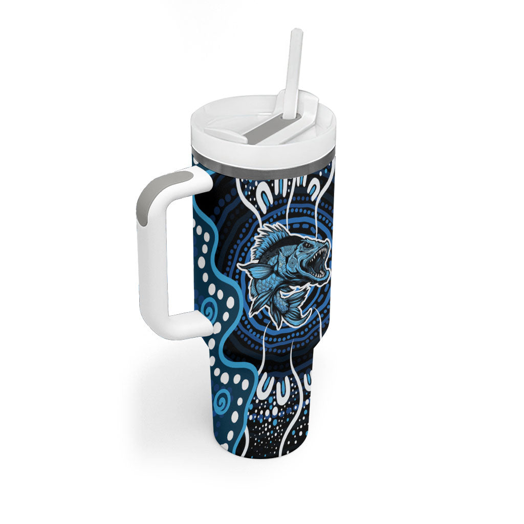 Custom Barramundi Fishing Tumbler With Handle Indigenous Aboriginal Dot Art Blue Fish