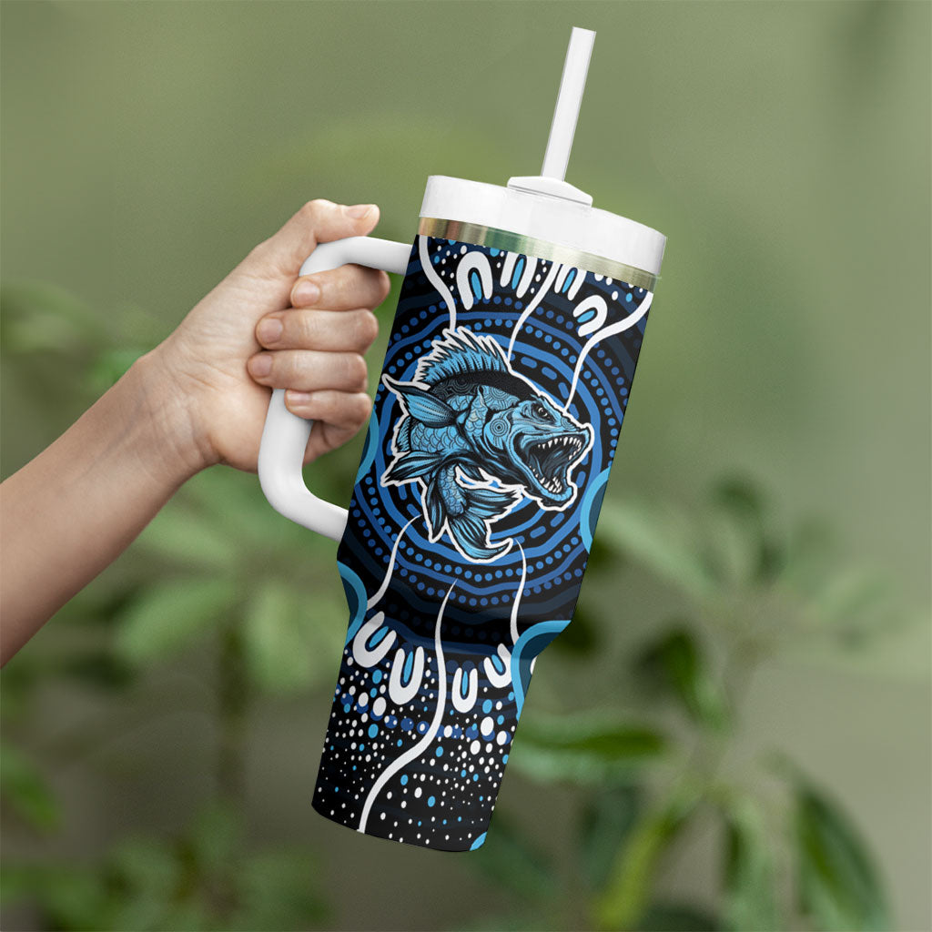 Custom Barramundi Fishing Tumbler With Handle Indigenous Aboriginal Dot Art Blue Fish
