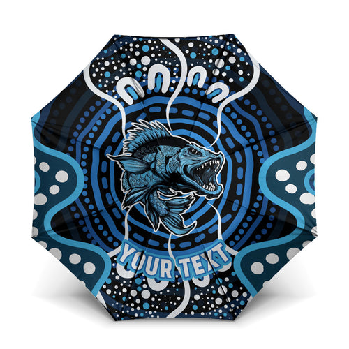 Custom Barramundi Fishing Umbrella Indigenous Aboriginal Dot Art Blue Fish