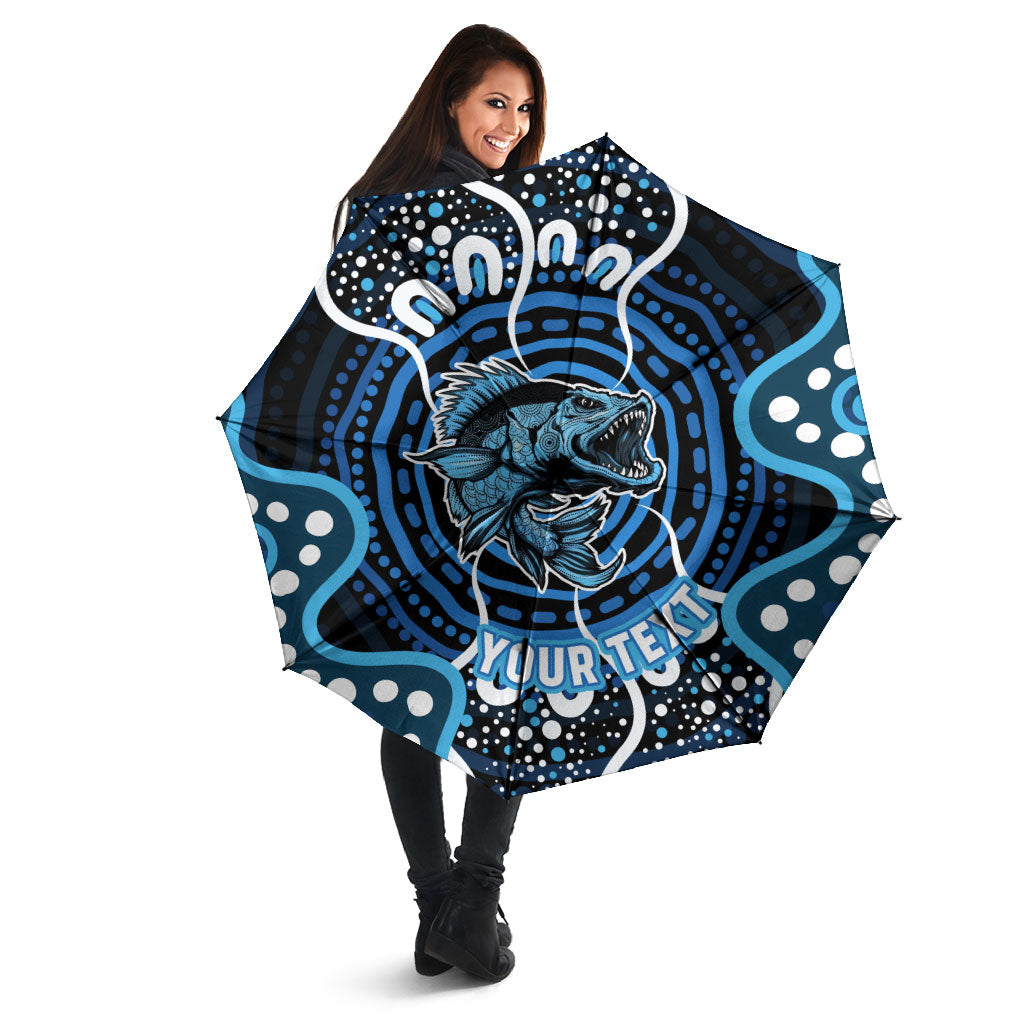 Custom Barramundi Fishing Umbrella Indigenous Aboriginal Dot Art Blue Fish