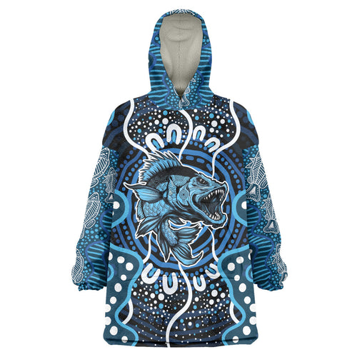 Custom Barramundi Fishing Wearable Blanket Hoodie Indigenous Aboriginal Dot Art Blue Fish