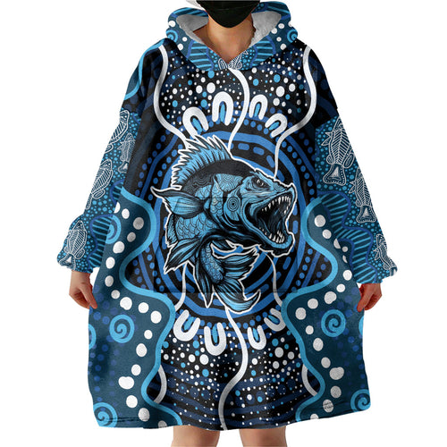 Custom Barramundi Fishing Wearable Blanket Hoodie Indigenous Aboriginal Dot Art Blue Fish
