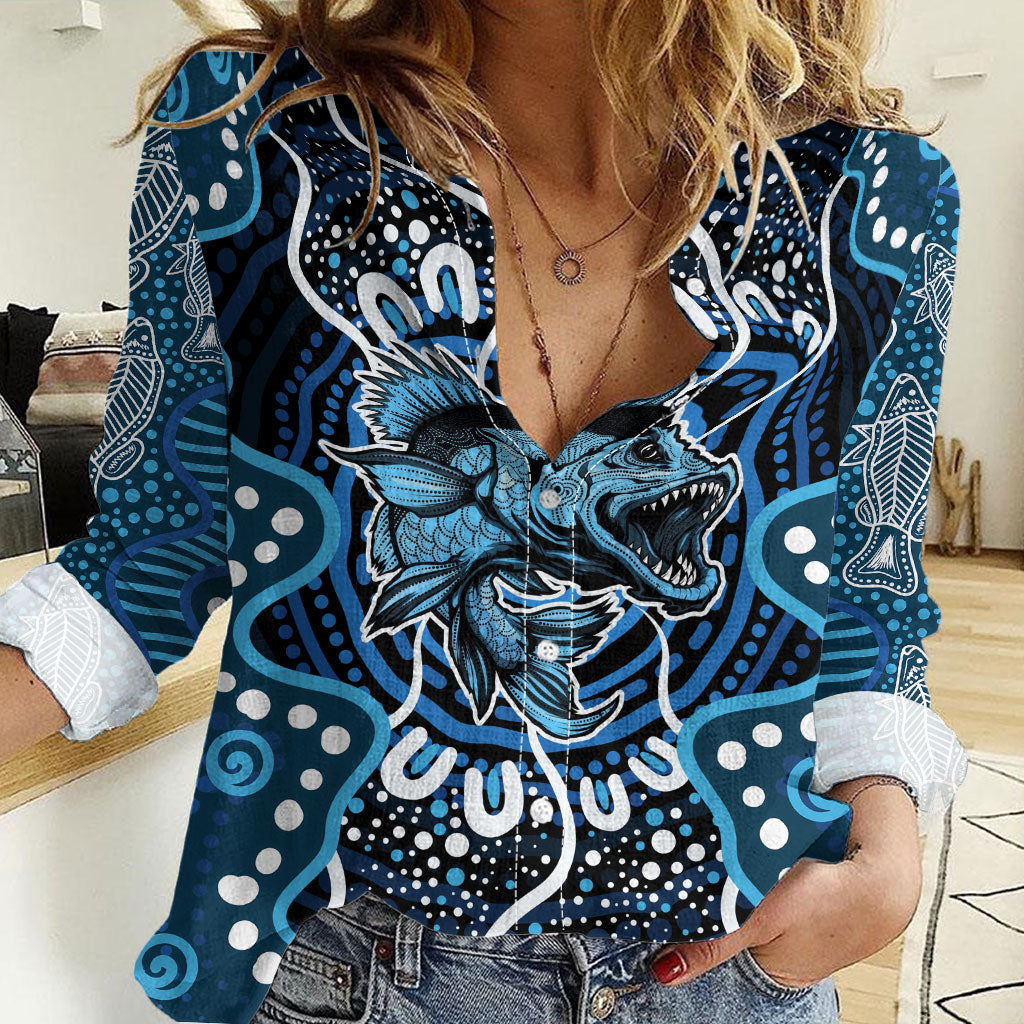 Custom Barramundi Fishing Women Casual Shirt Indigenous Aboriginal Dot Art Blue Fish