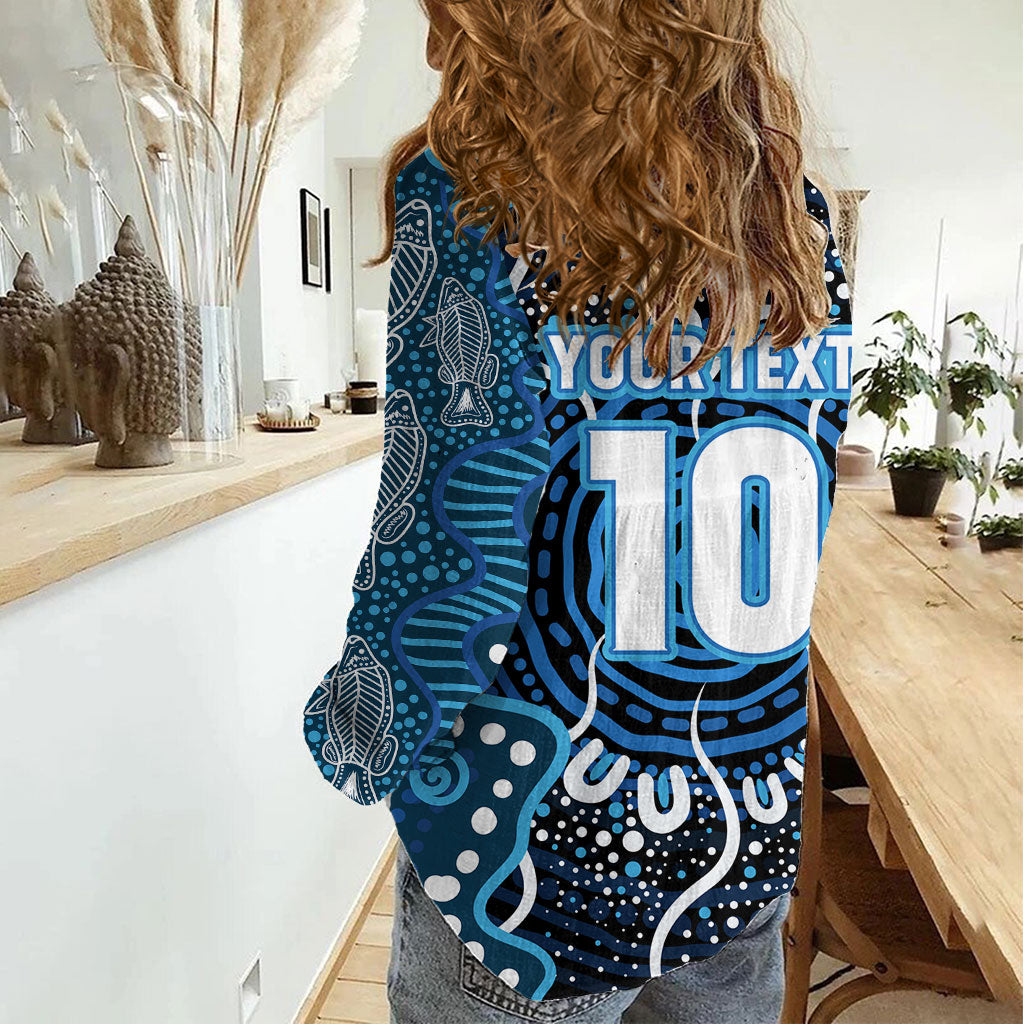 Custom Barramundi Fishing Women Casual Shirt Indigenous Aboriginal Dot Art Blue Fish