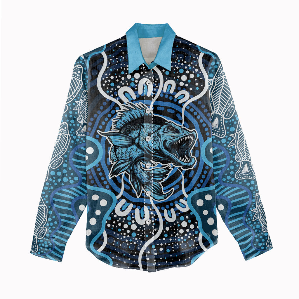 Custom Barramundi Fishing Women Casual Shirt Indigenous Aboriginal Dot Art Blue Fish