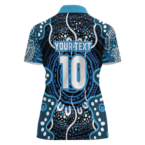 Custom Barramundi Fishing Women Polo Shirt Indigenous Aboriginal Dot Art Blue Fish