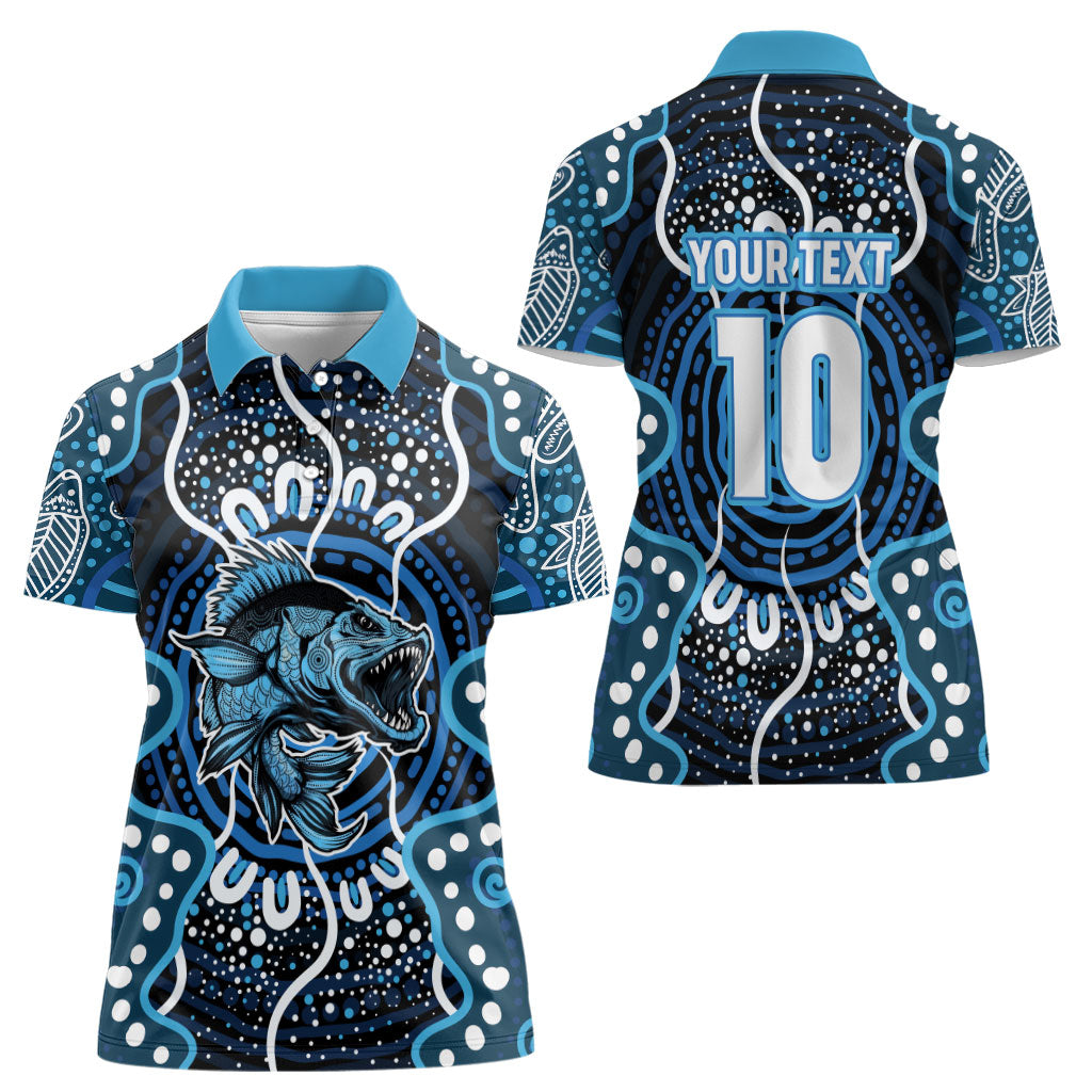 Custom Barramundi Fishing Women Polo Shirt Indigenous Aboriginal Dot Art Blue Fish