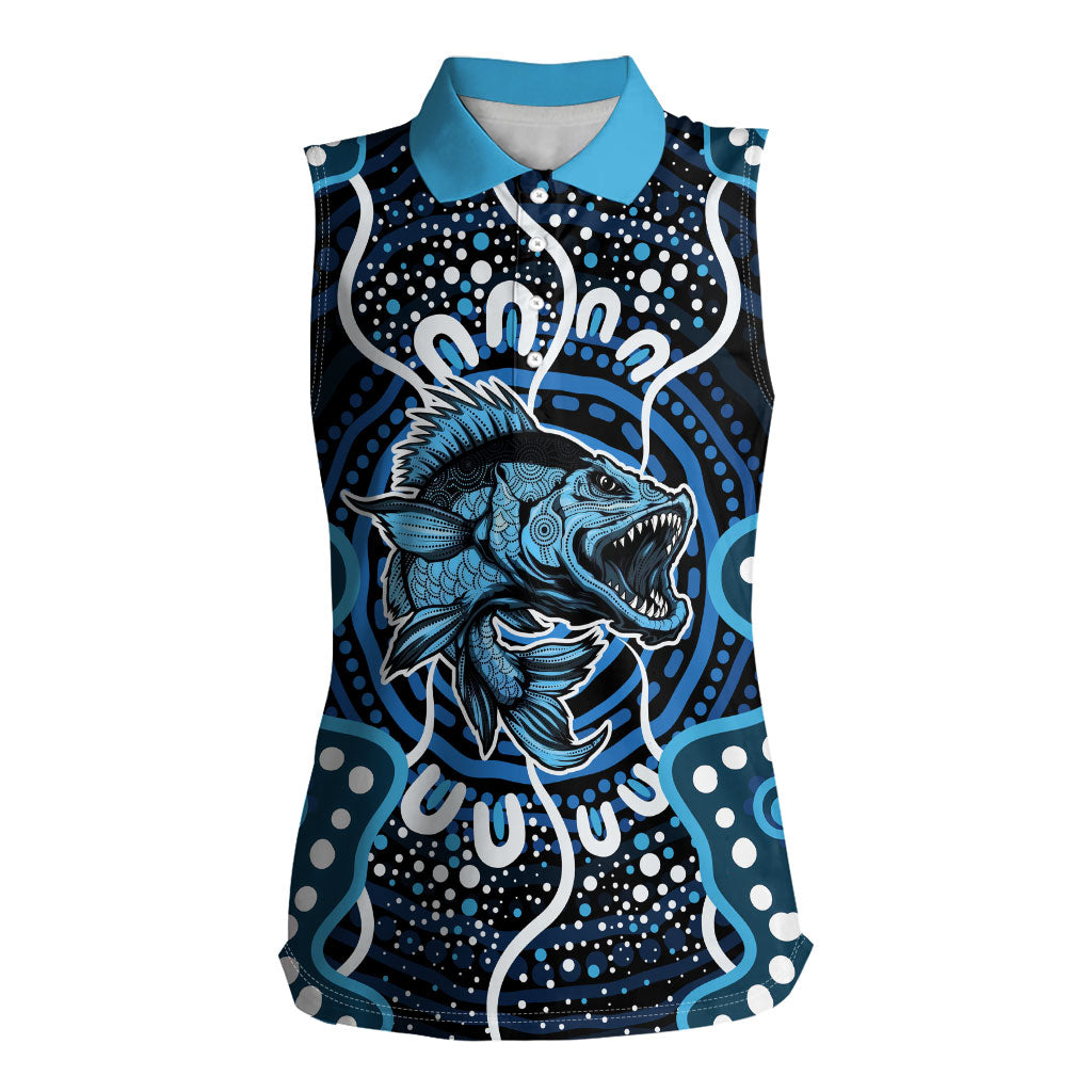 Custom Barramundi Fishing Women Sleeveless Polo Shirt Indigenous Aboriginal Dot Art Blue Fish
