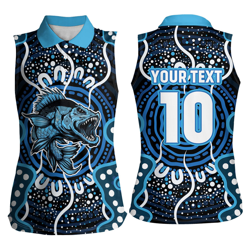 Custom Barramundi Fishing Women Sleeveless Polo Shirt Indigenous Aboriginal Dot Art Blue Fish