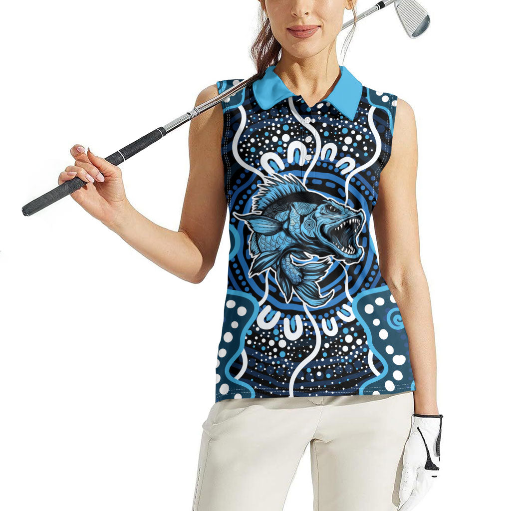 Custom Barramundi Fishing Women Sleeveless Polo Shirt Indigenous Aboriginal Dot Art Blue Fish