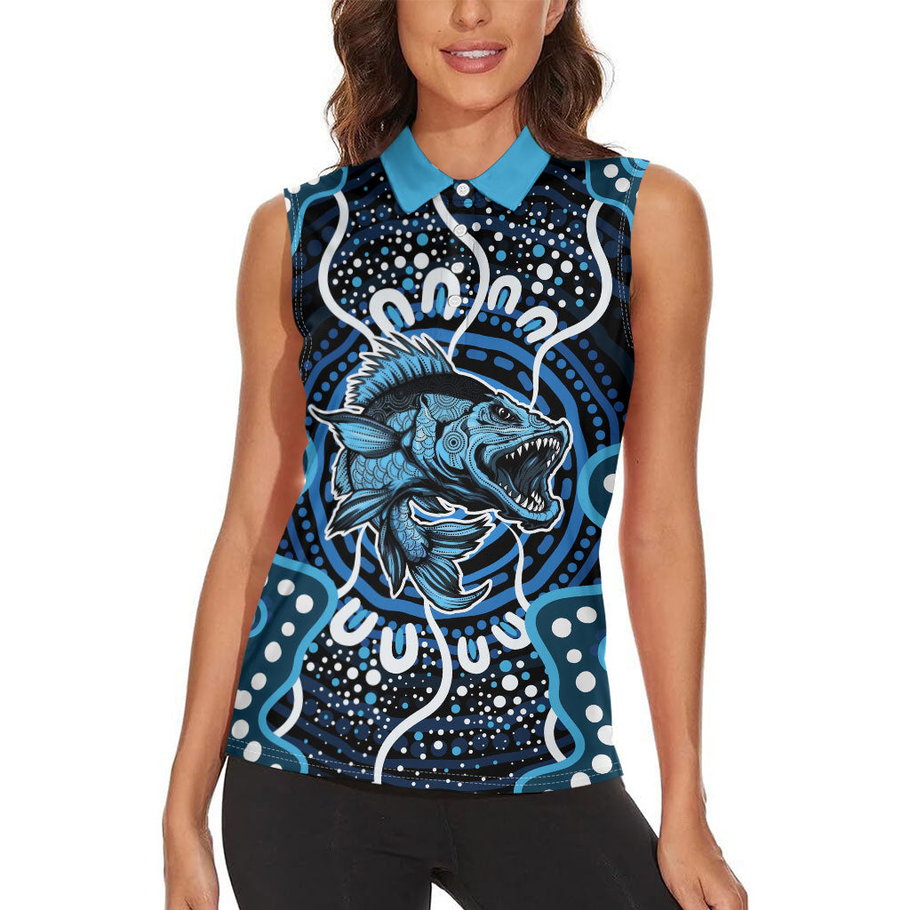 Custom Barramundi Fishing Women Sleeveless Polo Shirt Indigenous Aboriginal Dot Art Blue Fish