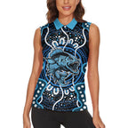 Custom Barramundi Fishing Women Sleeveless Polo Shirt Indigenous Aboriginal Dot Art Blue Fish