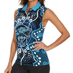 Custom Barramundi Fishing Women Sleeveless Polo Shirt Indigenous Aboriginal Dot Art Blue Fish