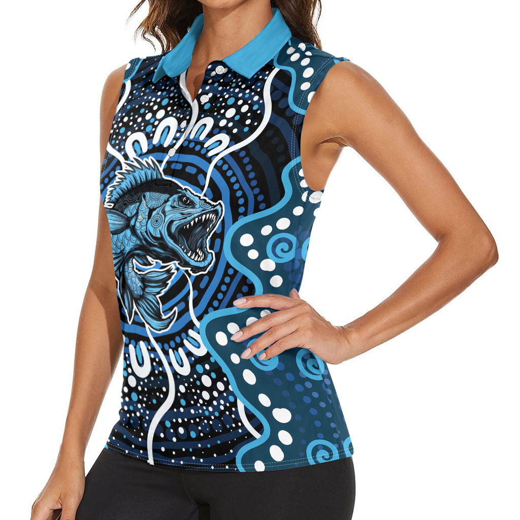 Custom Barramundi Fishing Women Sleeveless Polo Shirt Indigenous Aboriginal Dot Art Blue Fish