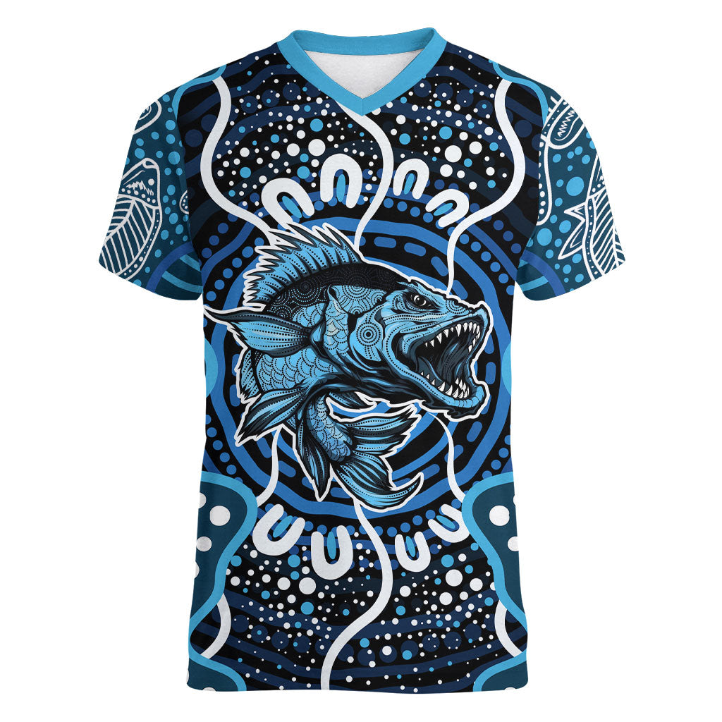 Custom Barramundi Fishing Women V-Neck T-Shirt Indigenous Aboriginal Dot Art Blue Fish