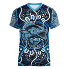 Custom Barramundi Fishing Women V-Neck T-Shirt Indigenous Aboriginal Dot Art Blue Fish