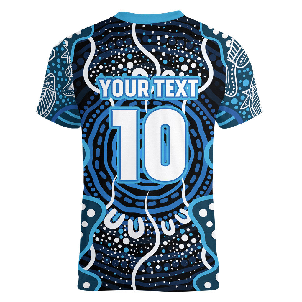 Custom Barramundi Fishing Women V-Neck T-Shirt Indigenous Aboriginal Dot Art Blue Fish