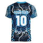 Custom Barramundi Fishing Women V-Neck T-Shirt Indigenous Aboriginal Dot Art Blue Fish