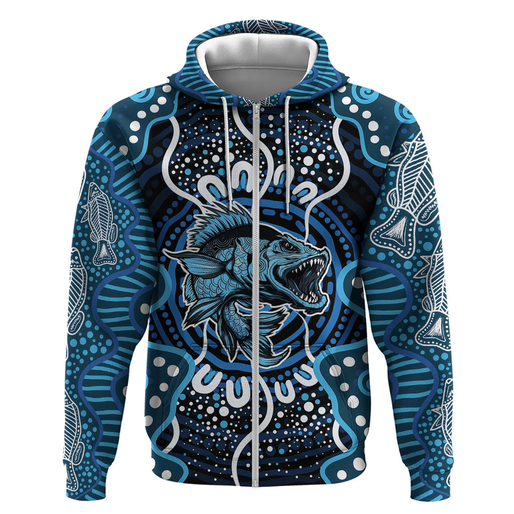 Custom Barramundi Fishing Zip Hoodie Indigenous Aboriginal Dot Art Blue Fish