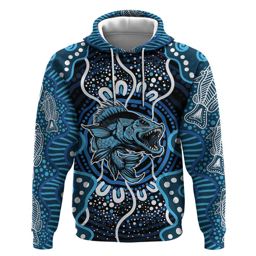 Custom Barramundi Fishing Zip Hoodie Indigenous Aboriginal Dot Art Blue Fish