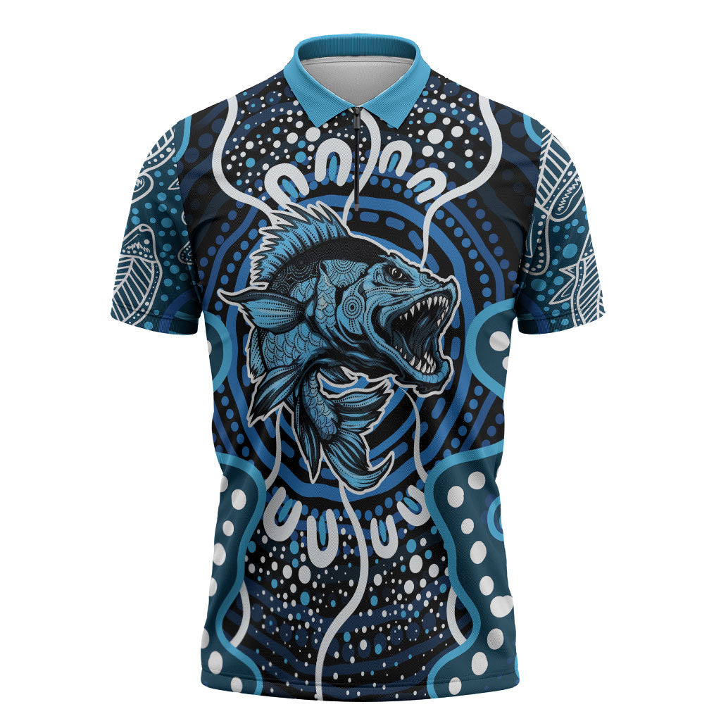 Custom Barramundi Fishing Zipper Polo Shirt Indigenous Aboriginal Dot Art Blue Fish