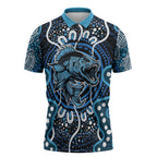 Custom Barramundi Fishing Zipper Polo Shirt Indigenous Aboriginal Dot Art Blue Fish