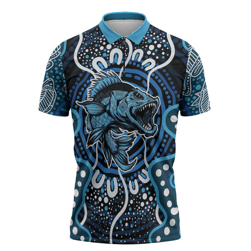 Custom Barramundi Fishing Zipper Polo Shirt Indigenous Aboriginal Dot Art Blue Fish