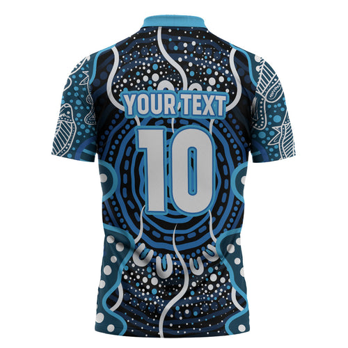 Custom Barramundi Fishing Zipper Polo Shirt Indigenous Aboriginal Dot Art Blue Fish