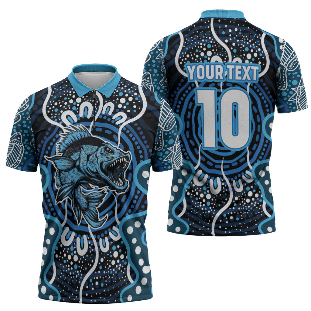 Custom Barramundi Fishing Zipper Polo Shirt Indigenous Aboriginal Dot Art Blue Fish