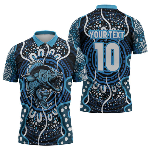 Custom Barramundi Fishing Zipper Polo Shirt Indigenous Aboriginal Dot Art Blue Fish