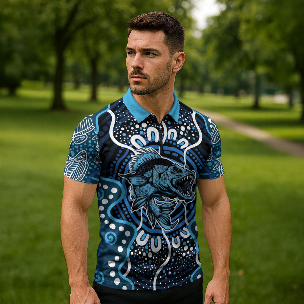Custom Barramundi Fishing Zipper Polo Shirt Indigenous Aboriginal Dot Art Blue Fish