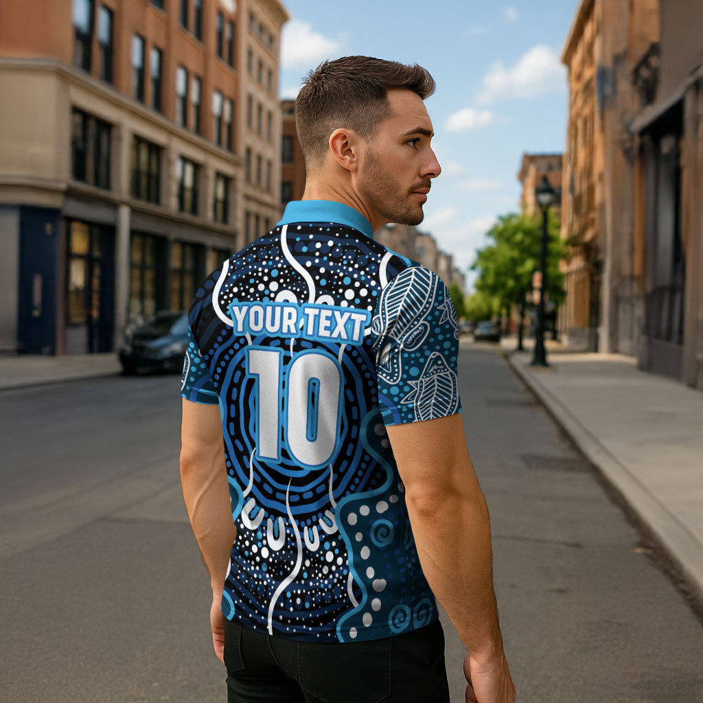Custom Barramundi Fishing Zipper Polo Shirt Indigenous Aboriginal Dot Art Blue Fish