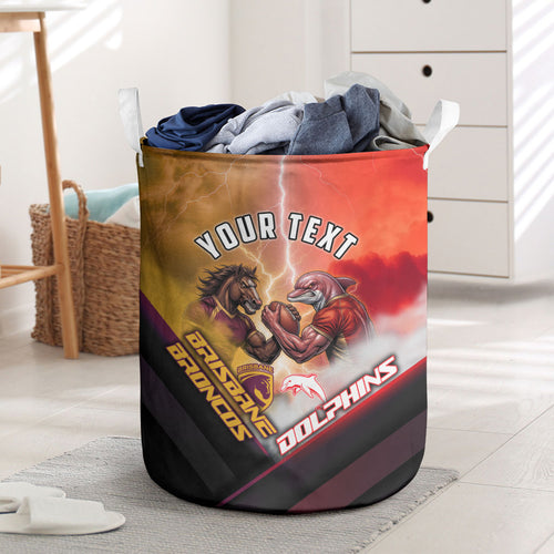 Personalized Brisbane Broncos vs Dolphins Laundry Basket Battle Epic Lightning Storm Mascot