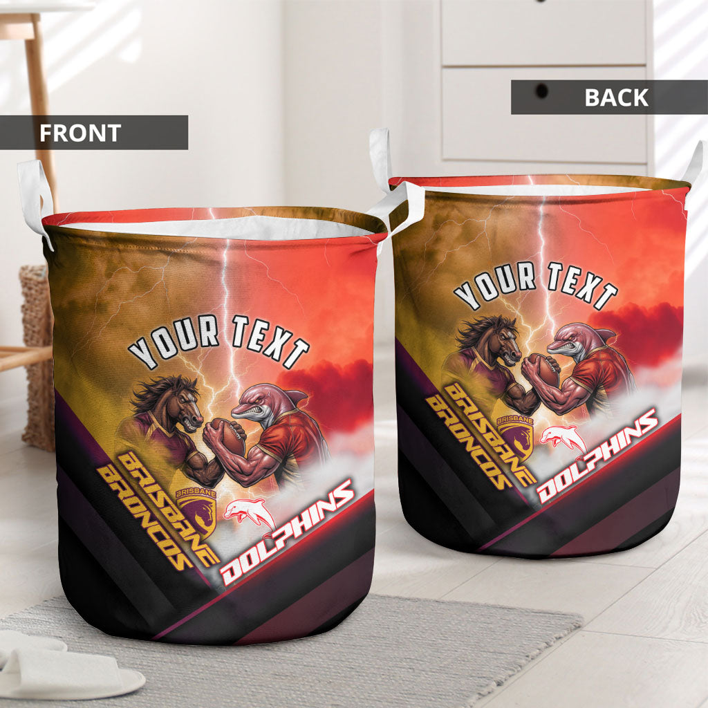 Personalized Brisbane Broncos vs Dolphins Laundry Basket Battle Epic Lightning Storm Mascot