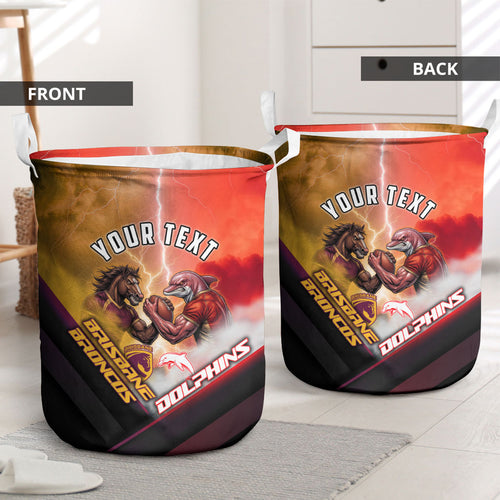 Personalized Brisbane Broncos vs Dolphins Laundry Basket Battle Epic Lightning Storm Mascot