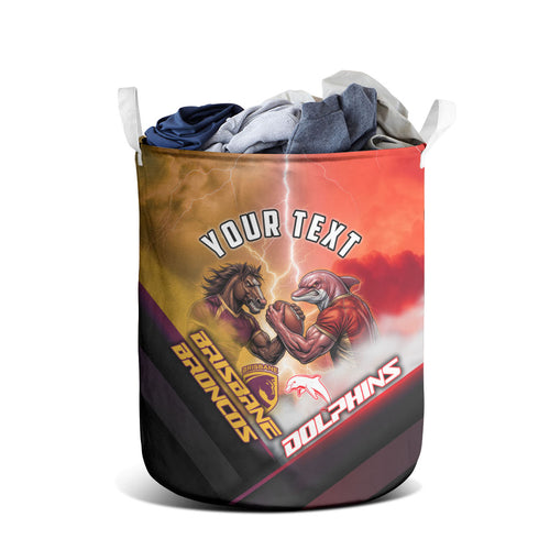 Personalized Brisbane Broncos vs Dolphins Laundry Basket Battle Epic Lightning Storm Mascot