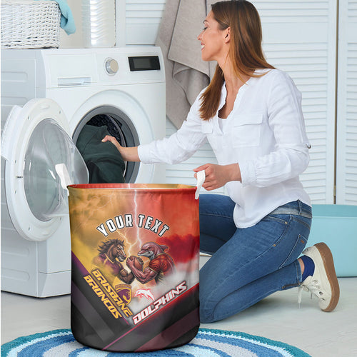 Personalized Brisbane Broncos vs Dolphins Laundry Basket Battle Epic Lightning Storm Mascot