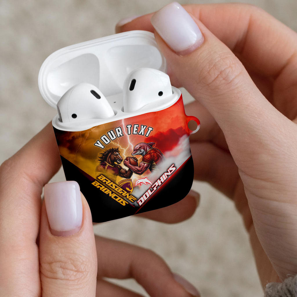 Personalized Brisbane Broncos vs Dolphins AirPods Case Battle Epic Lightning Storm Mascot