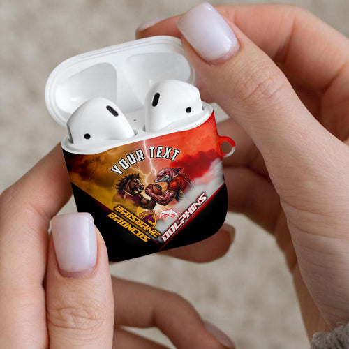 Personalized Brisbane Broncos vs Dolphins AirPods Case Battle Epic Lightning Storm Mascot